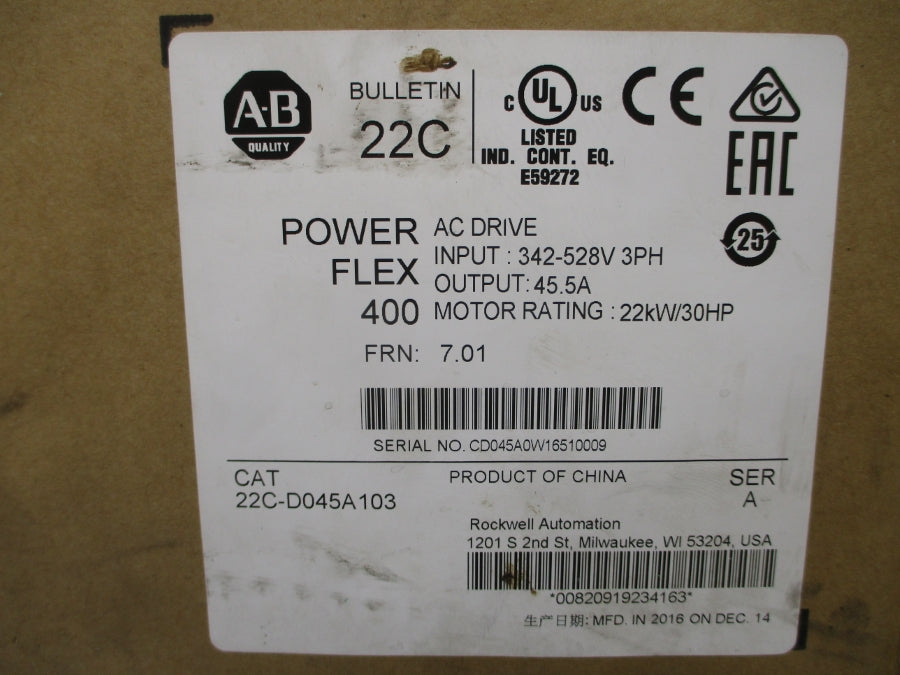 ALLEN BRADLEY 22C-D045A103 SER. A F/W 7.01 342-528VAC 47.0A NSMP