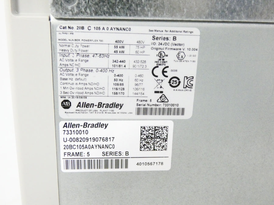 ALLEN BRADLEY 20BC105A0AYNANC0 SER. B F/W 10.004 480VAC 105A NSNP