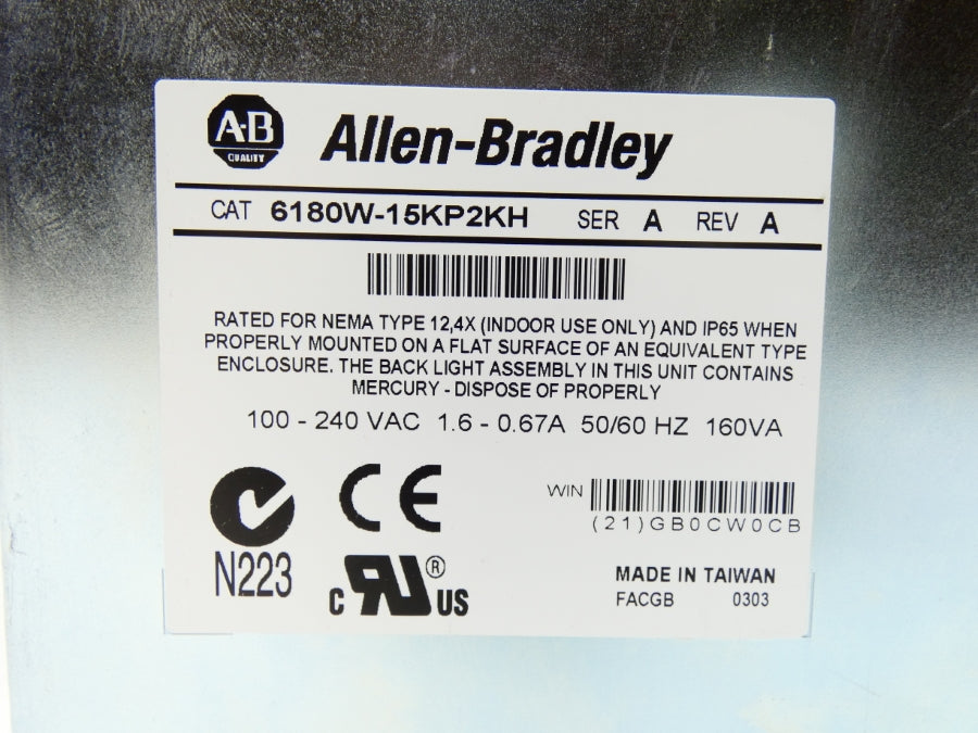 ALLEN BRADLEY 6180W-15KP2KH SER. A REV. A 100-240VAC 1.6-0.67A UNMP
