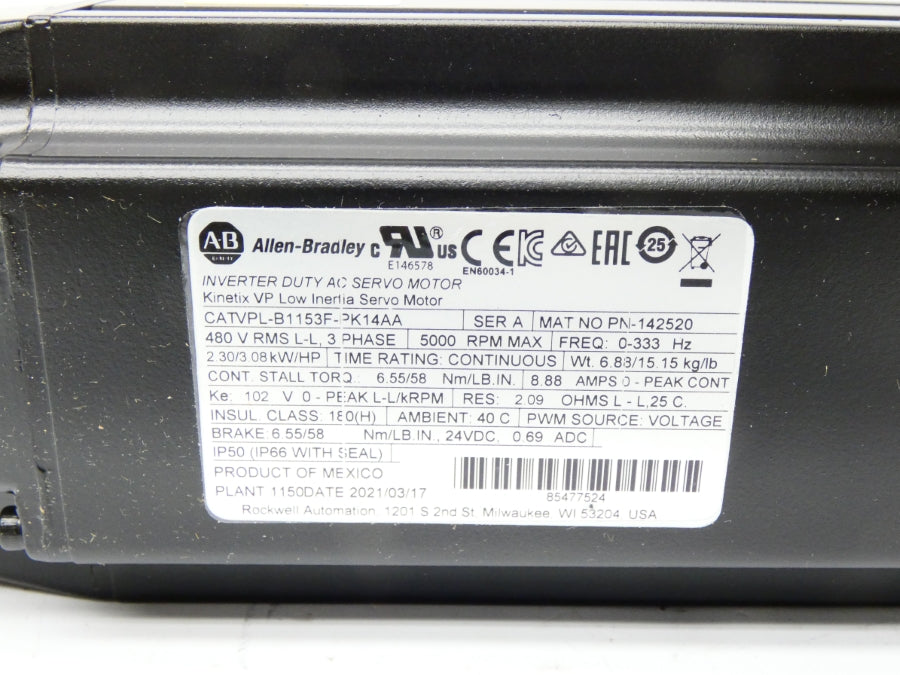 ALLEN BRADLEY VPL-B1153F-PK14AA SER. A 480V 8.88A NSMP