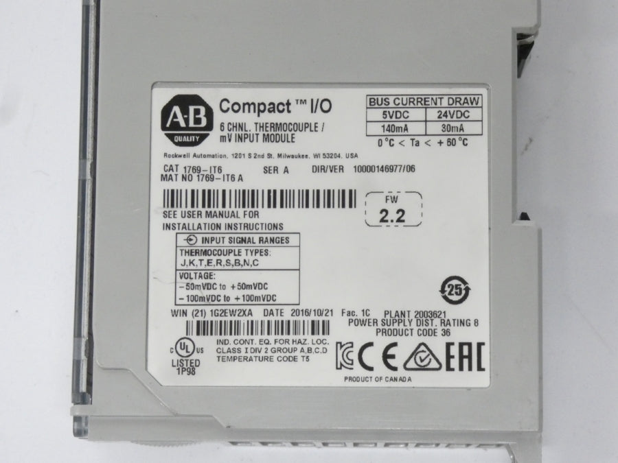 ALLEN BRADLEY 1769-IT6 SER. A F/W 2.2 VER. 06 24VDC UNMP