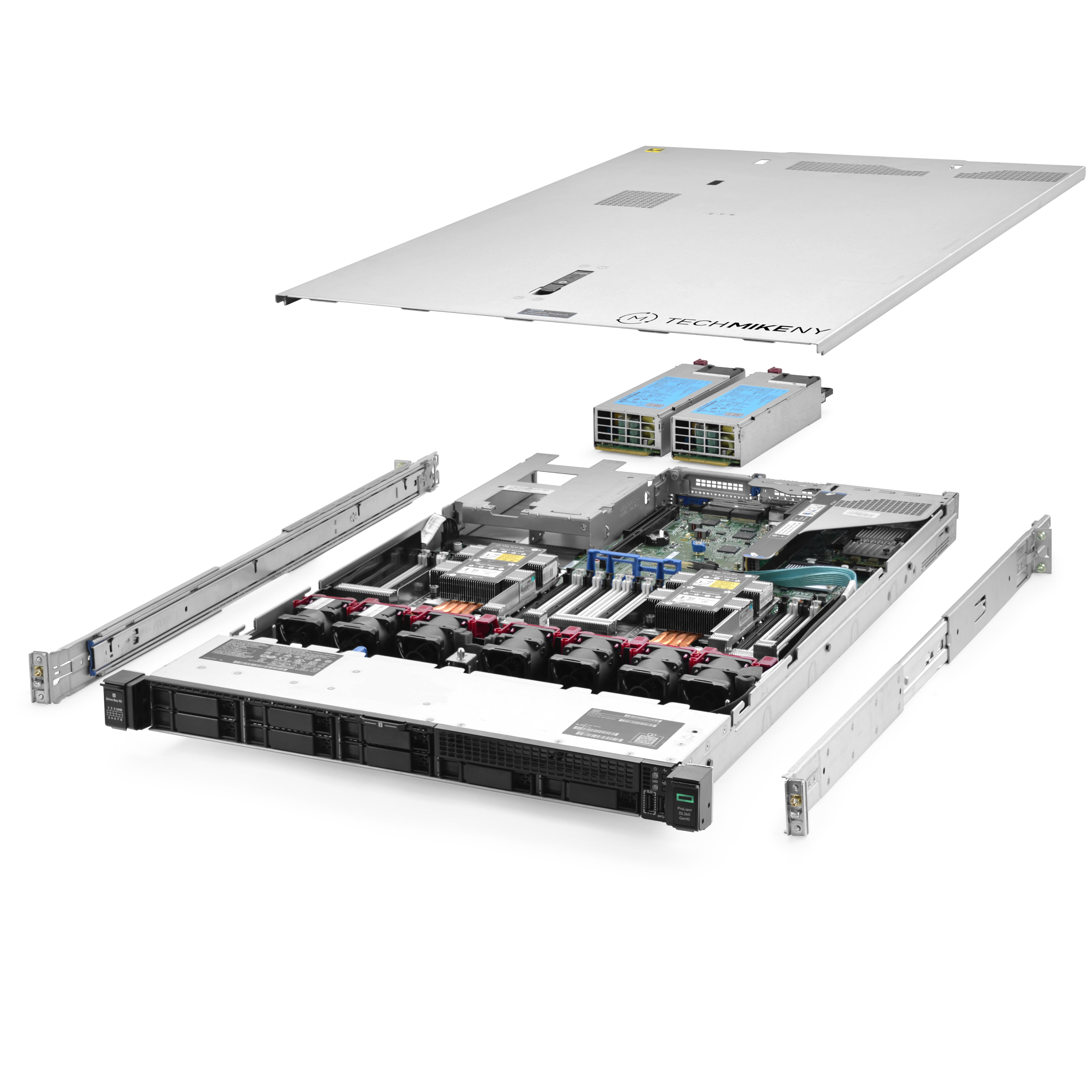 1U 8-Bay ProLiant DL360 G10 2.5'' SAS / SATA quarter turn view with lid raised to show interior components, with 2 PSUs and rail kit TM-SAP-360-10-222