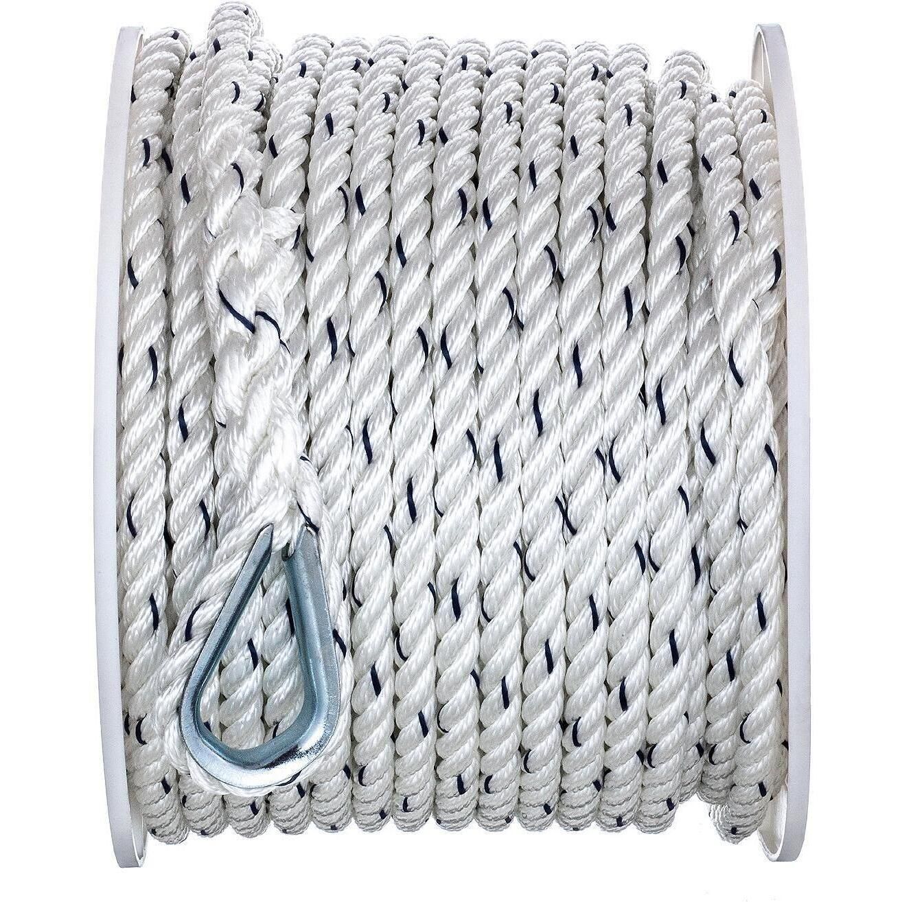 Seachoice 47721 Premium 3-Strand Twisted Nylon Anchor Line White w/ Blue Tracer, 3/8" x 150'