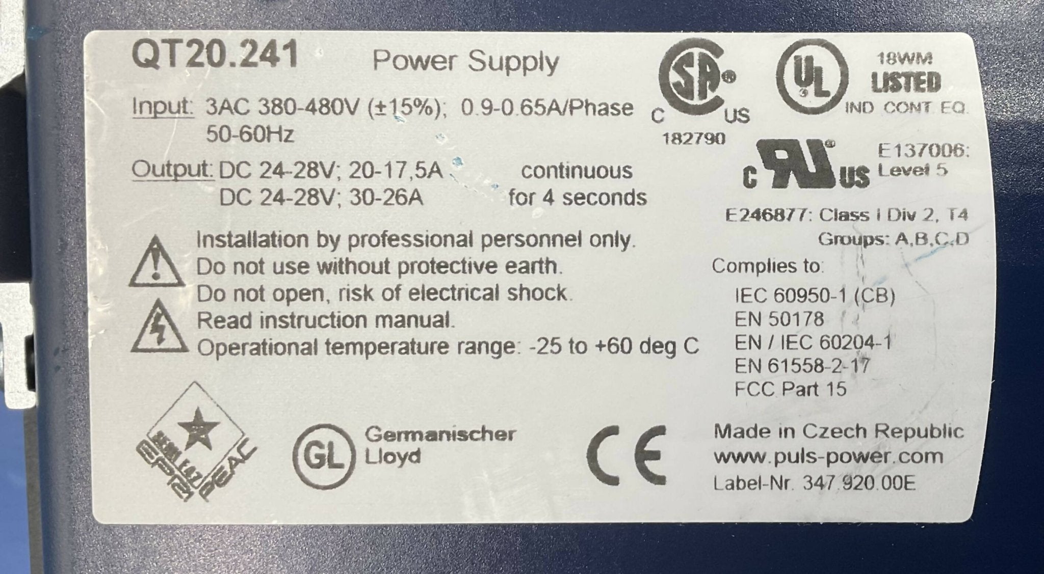 Siemens QT20.241 - PULS Dimension Power Supply Unit 24V Label | Alo Tech Solutions