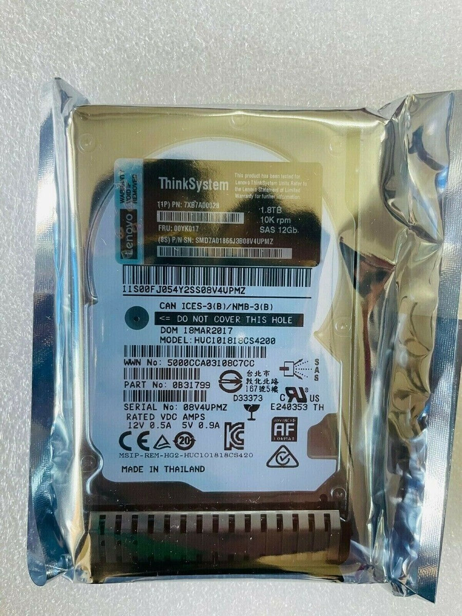 NEW Lenovo 00YK017 7XB7A00028 2.5" 1.8TB 10K SAS 12G Hot Swap HARD DRIVE US