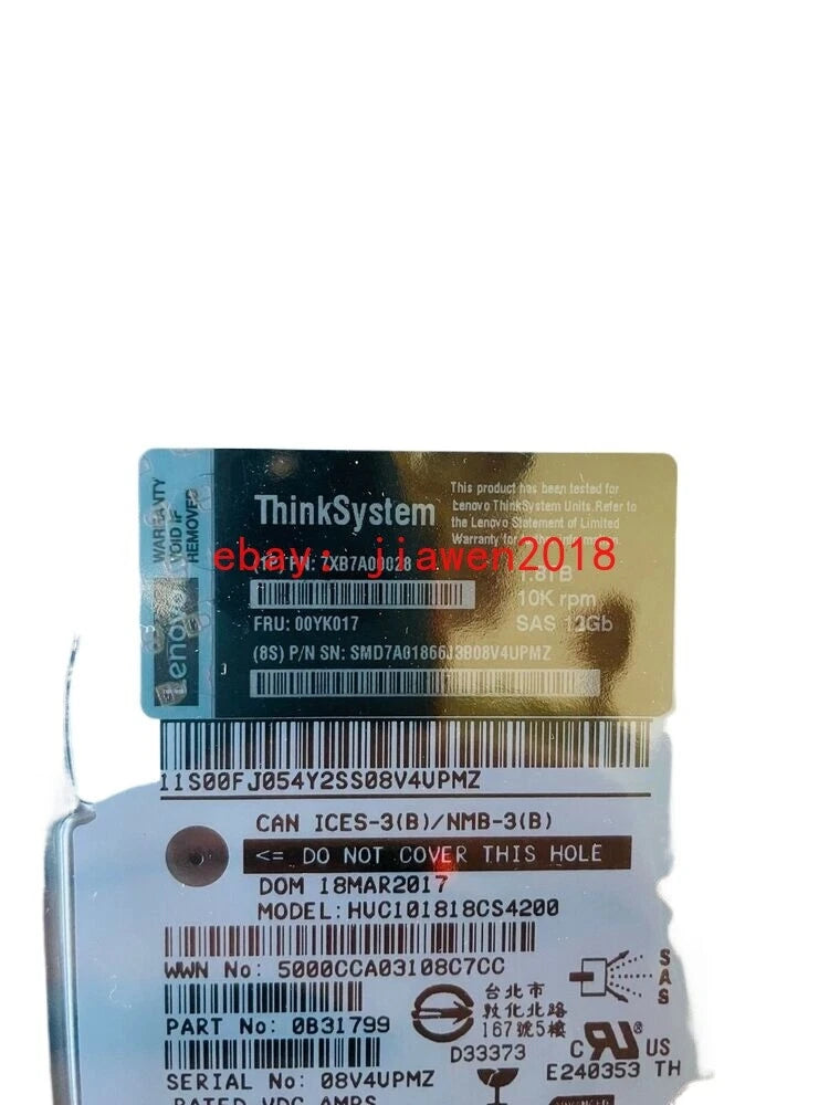 Lenovo ThinkSystem 00YK017 7XB7A00028 2.5" 1.8TB 10K SAS 12G HDD Hard Drive