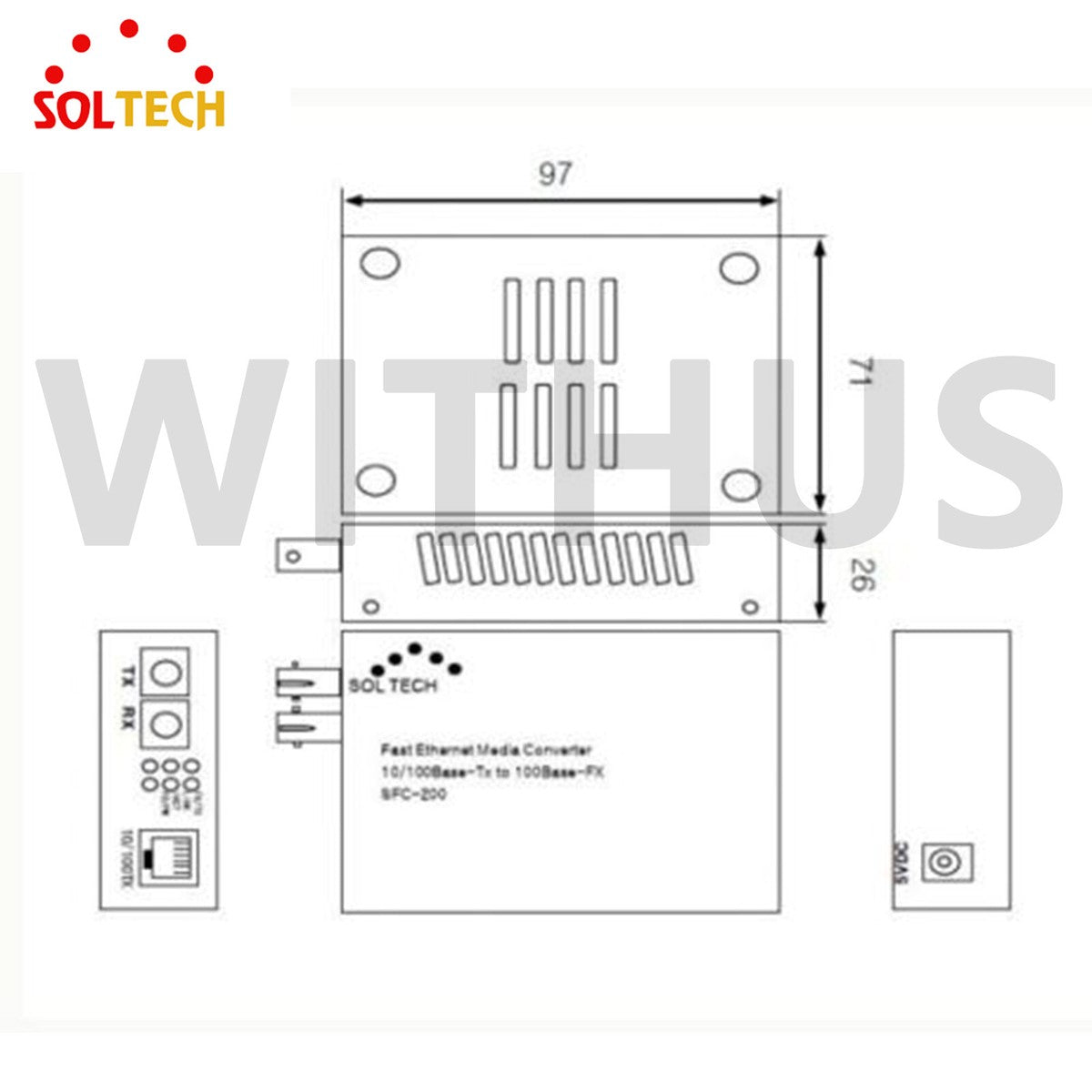 SOLTECH SFC200-SCS Fiber Optic Media Converter 10/100Mbps-TX to 100Mbps-FX_