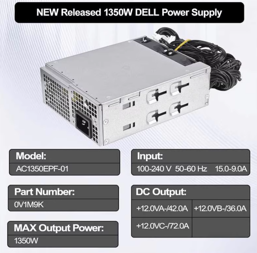 For Dell T3660 3680 R15 R16 1350W AC1350EPF-01 Power Supply KV63M 74HMF V1M9K