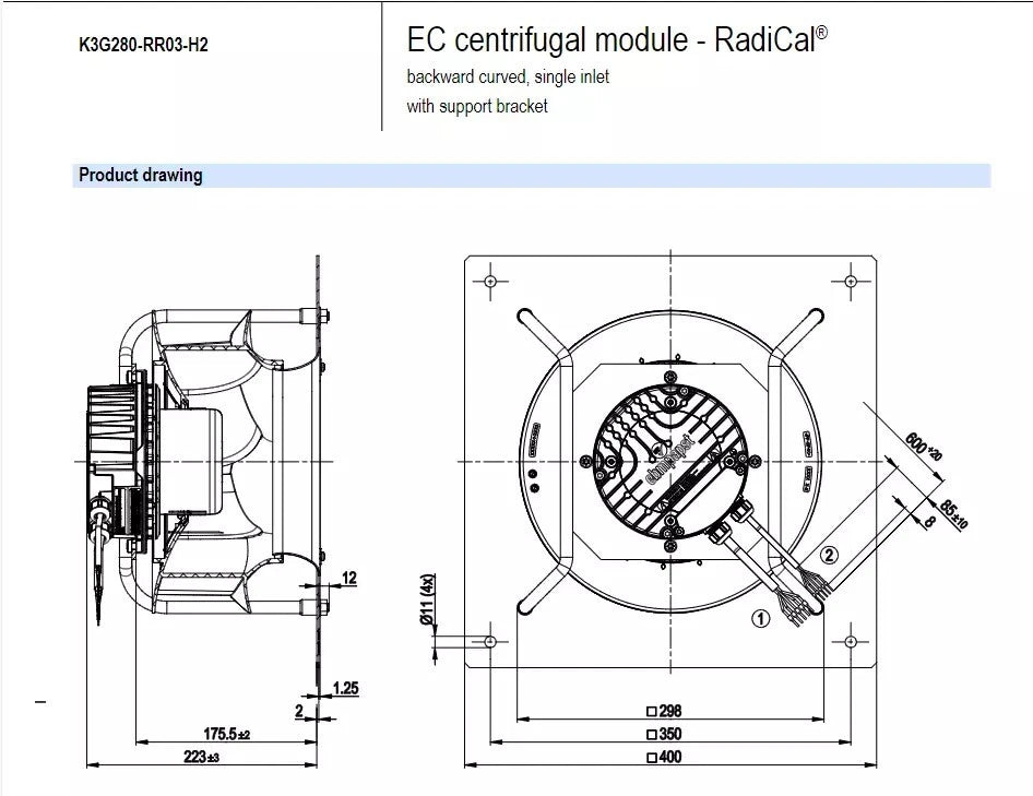 original Ebmpapst K3G280-RR03-H2 1~ 230VAC 500W 2.2A 2700RPM 2105m3/h