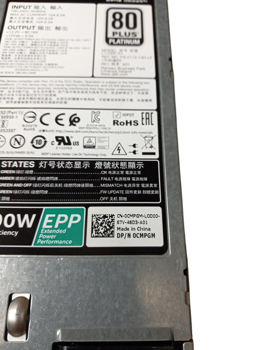 Dell R730 R630 R740 R640 1100W Server 80 Plus Platinum Power Supply DP/N 0CMPGM