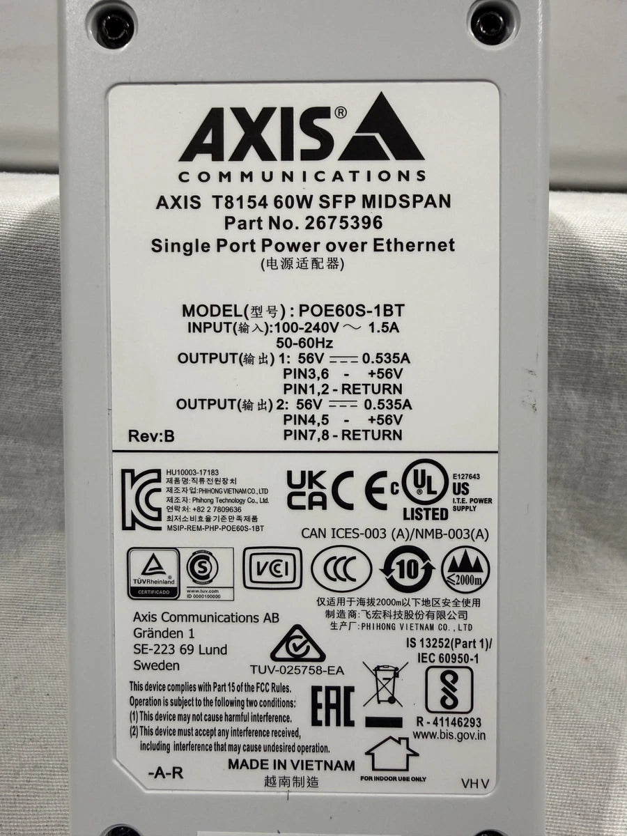 AXIS COMMUNICATION, T8154 60W SFP MIDSPAN, POE60S-1BT, 2675396, 56V|167974765408