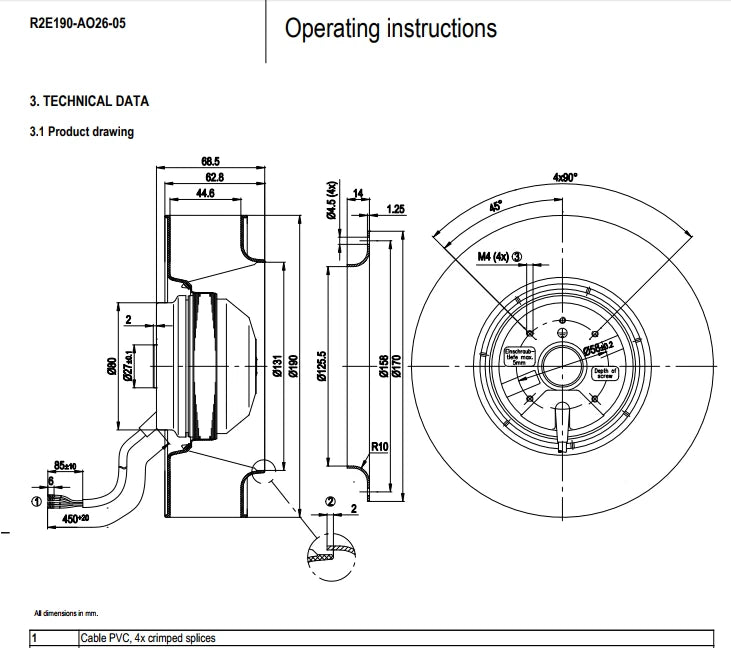 Ebmpapst R2E190-AO26-05 Centrifugal Fan 230VAC 58/75W 190MM Air Purifier Fan