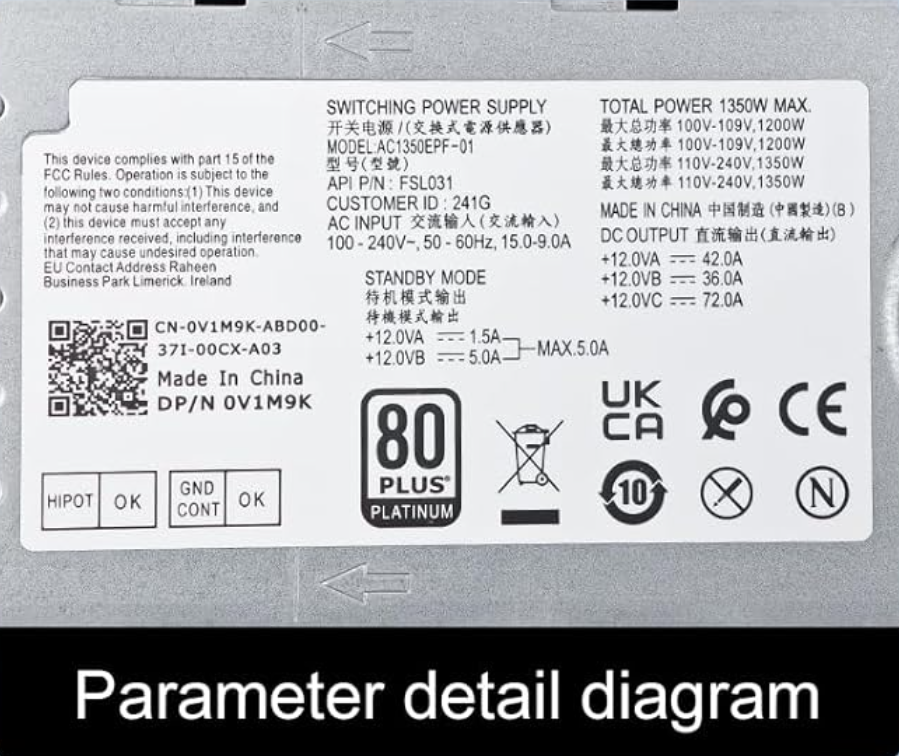 For Dell T3660 3680 R15 R16 1350W AC1350EPF-01 Power Supply KV63M 74HMF V1M9K|146861613651