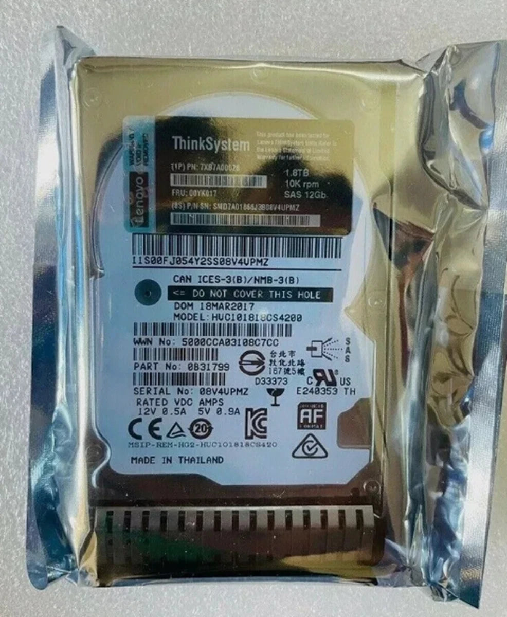 New Lenovo ThinkSystem 00YK017 7XB7A00028 2.5" 1.8TB 10K SAS 12G Hard Drive -US