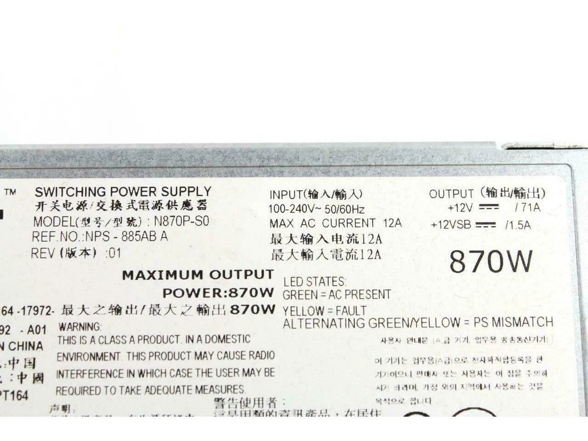Dell N870P-S0 NPS-885AB A 870W Server Power Supply 0YFG1C YFG1C 07NVX8 USA