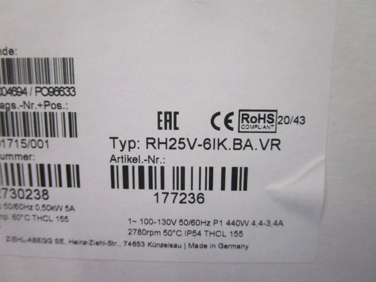 NIB ZIEHL-ABEGG ECBLUE CENTRIFUGAL FAN RH25V-6IK.BA.VR 177236 2780RPM 5A 1-100/1