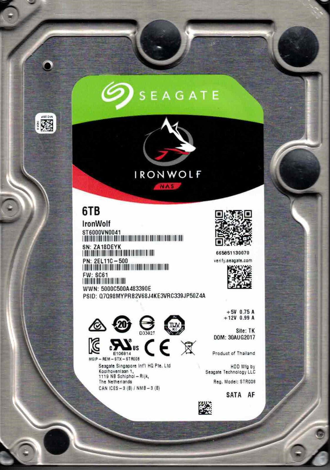 ST6000VN0041,  2EL11C-500,  SC61,   TK,  ZA18  SEAGATE  6TB AUG 2017|256050455282