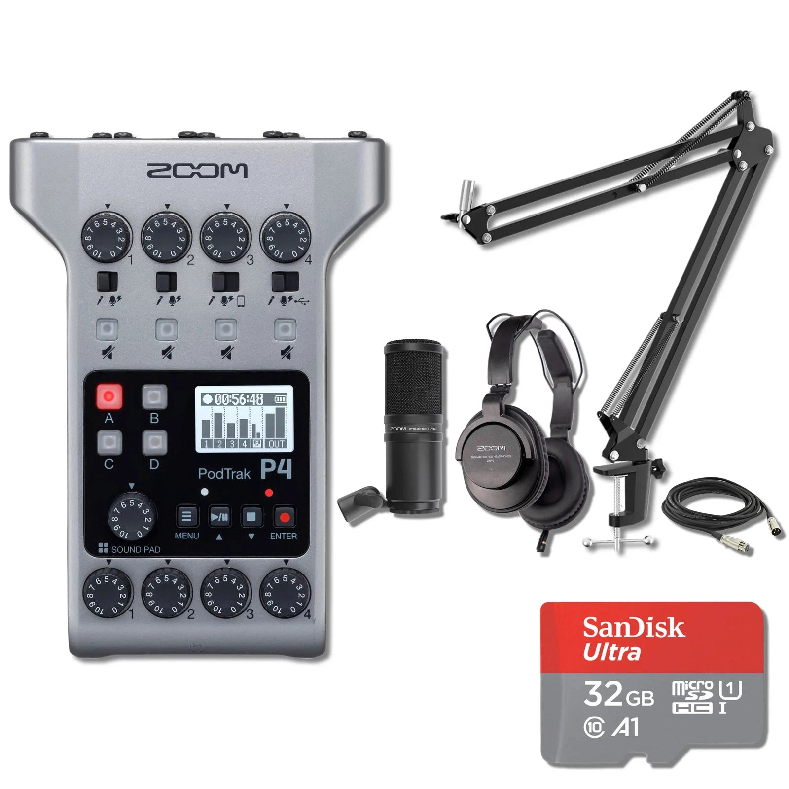 Zoom Podtrak P4 with Zoom ZDM-1 Podcast Mic Pack, StreamEye BOOMARM1