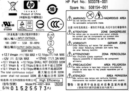 HP 320W PSU 508154-001 PS-4321-9HA for Elite 8000 8200 PC