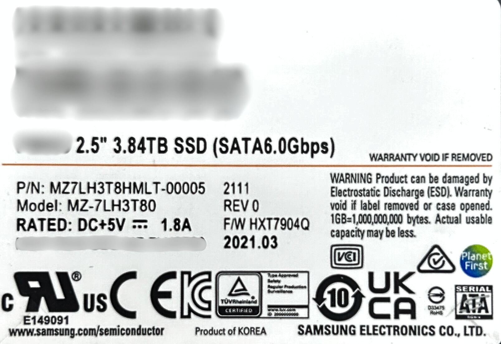 Samsung MZ-7LH3T80 3.84TB SSD SATA 6G 2.5 RI SFF SC PM883