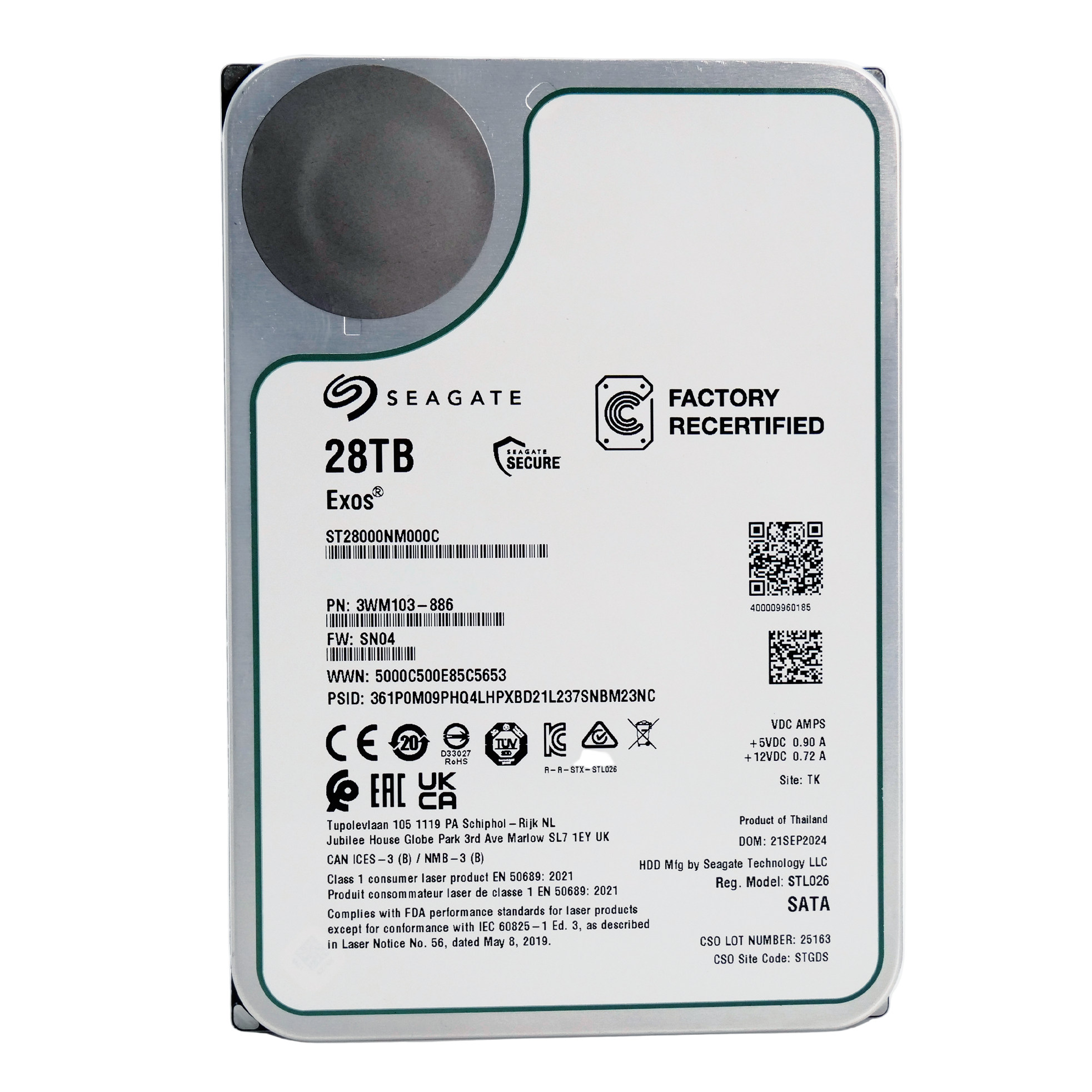 Seagate Exos ST28000NM000C 28TB 7.2K RPM SATA 6Gb/s 512e CMR 3.5in Recertified Hard Drive