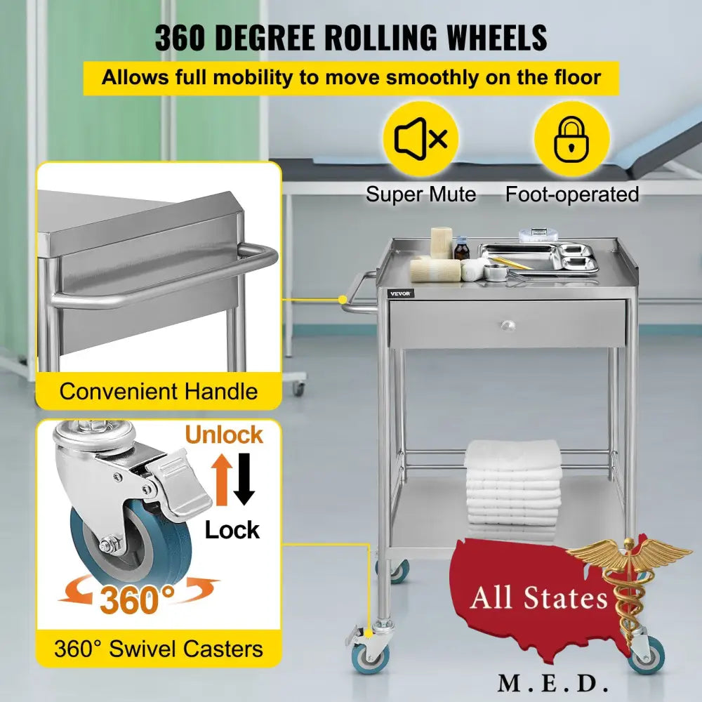 Stainless Steel Medical Cart with Drawer