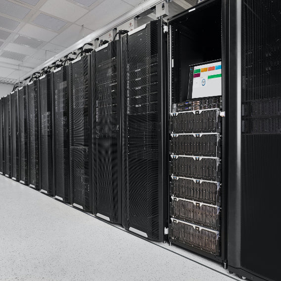 Row of data racks, with one open to show hard drives and an internal screen highlighting the system’s storage components.