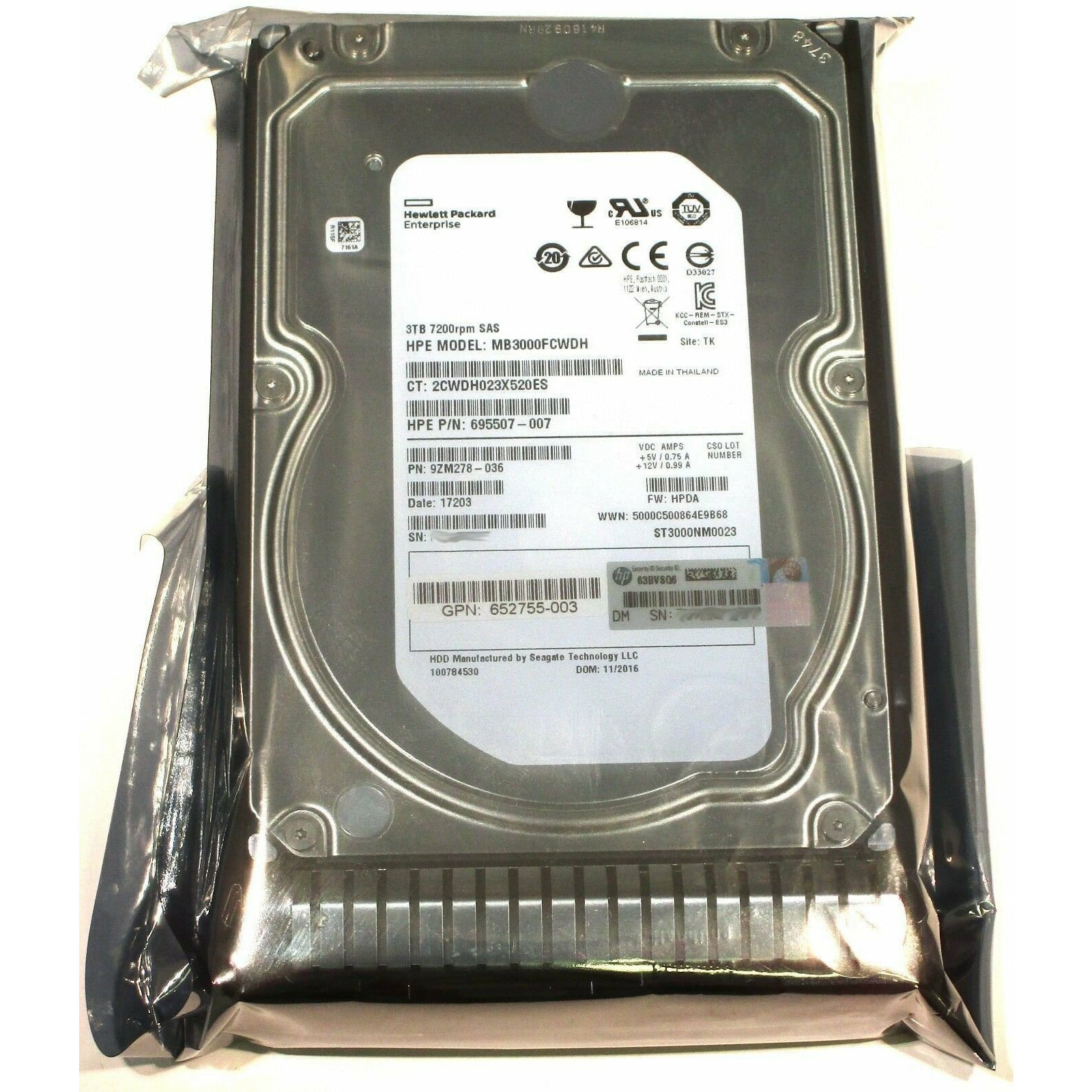 653959-001 HP 3TB 6G 7.2K RPM SAS LFF SC Mid Line HDD 652766-B21 - AloinfoUSA
