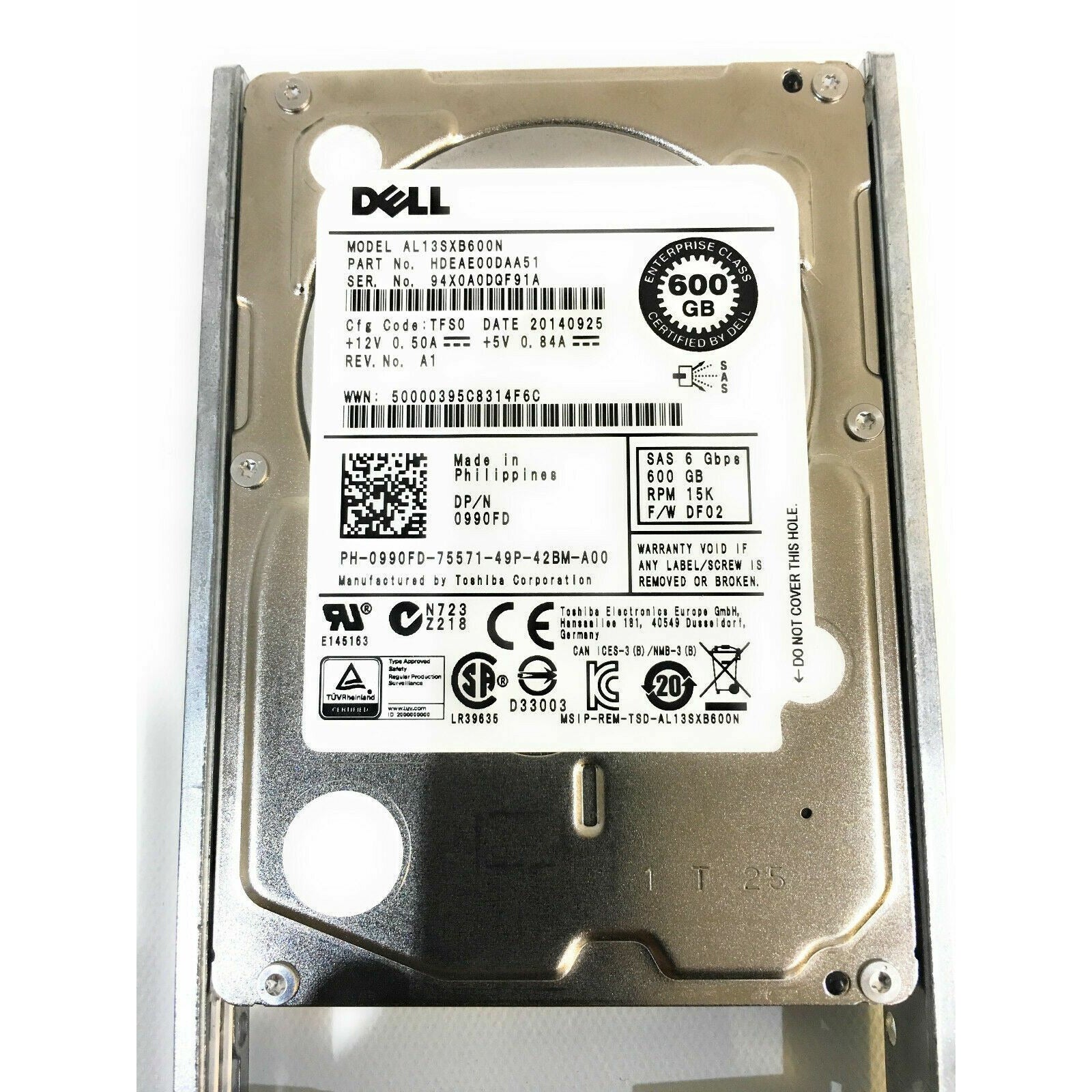 990FD 0990FD NEW DELL AL13SXB600N HDEAE00DAA51 600GB 2.5" 15K 6G SAS HDD + CADDY - AloinfoUSA