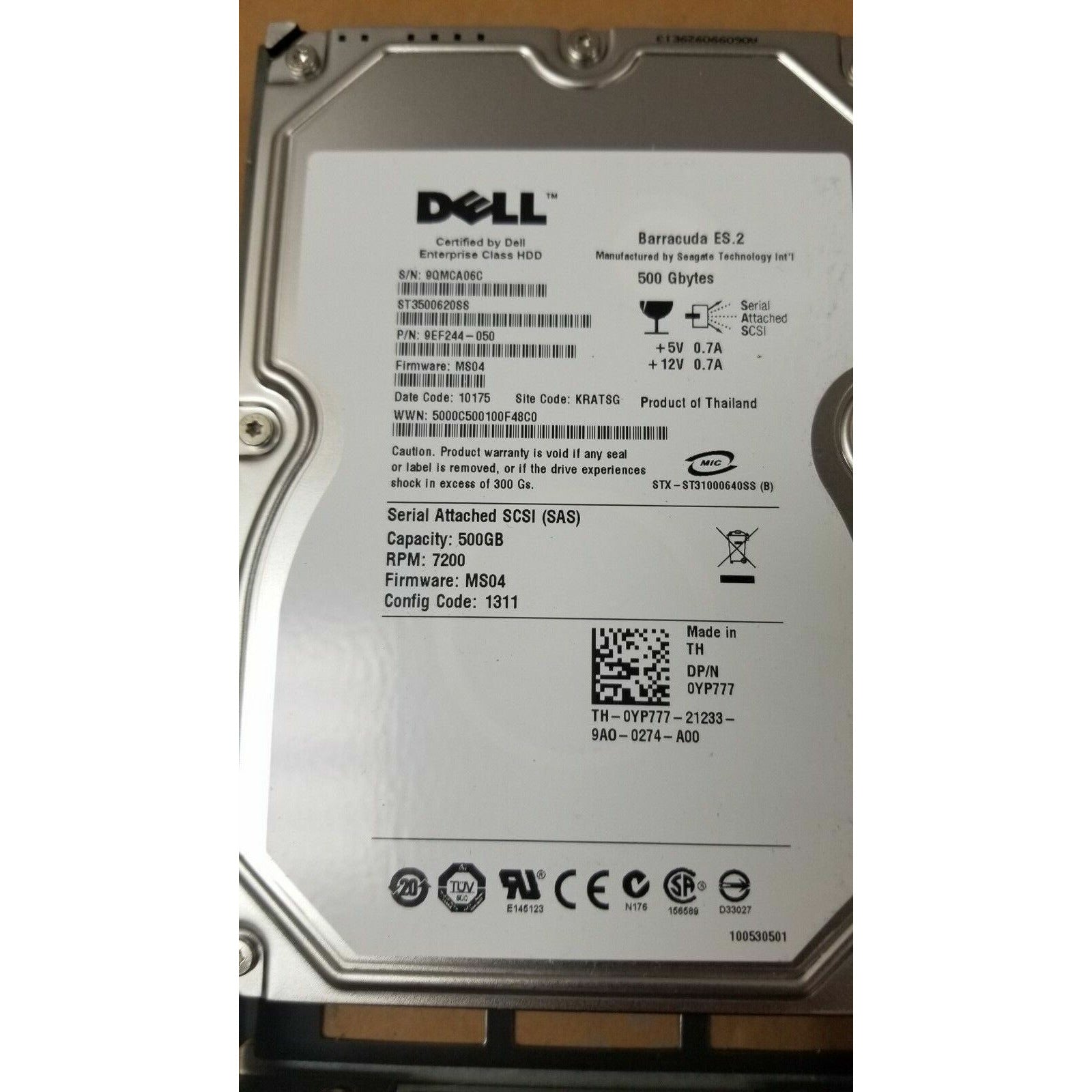 Dell YP777 Seagate ST3500620SS 500GB 7200RPM 3.5" SAS Enterprise HDD with Tray - AloinfoUSA