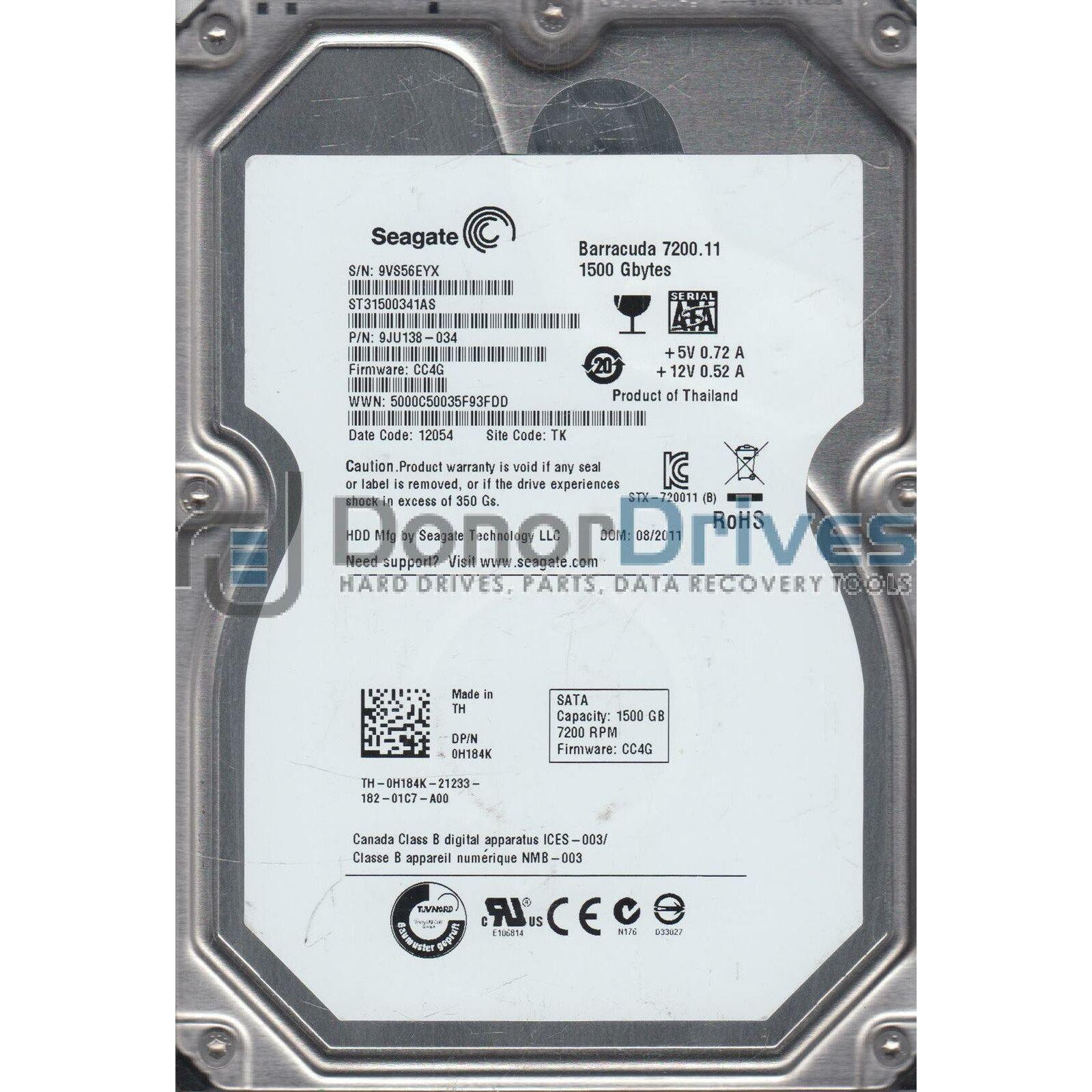 ST31500341AS, 9VS, TK, PN 9JU138-034, FW CC4G, Seagate 1.5TB SATA 3.5 Hard Drive - AloinfoUSA