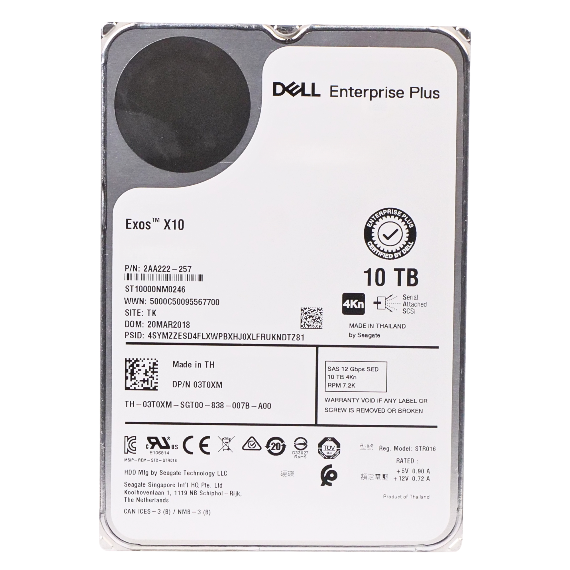 Dell/Seagate Exos X10 ST10000NM0246 10TB 7.2K RPM SAS 12Gb/s 4Kn 256 MB 3.5in HDD