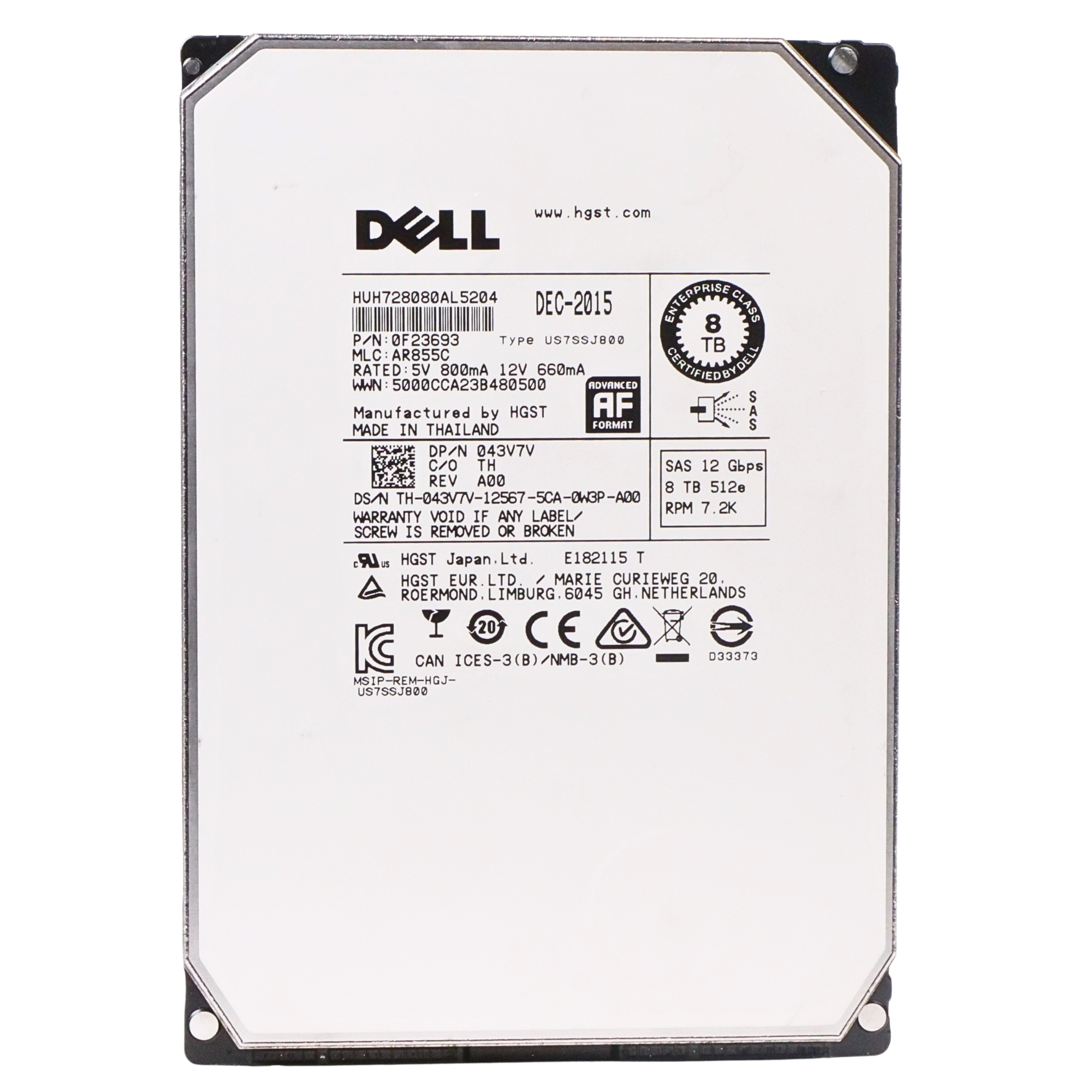 Dell/HGST Ultrastar He8 HUH728080AL5204 8TB 7.2K RPM SAS 12Gb/s 512e 128 MB 3.5in Refurbished HDD