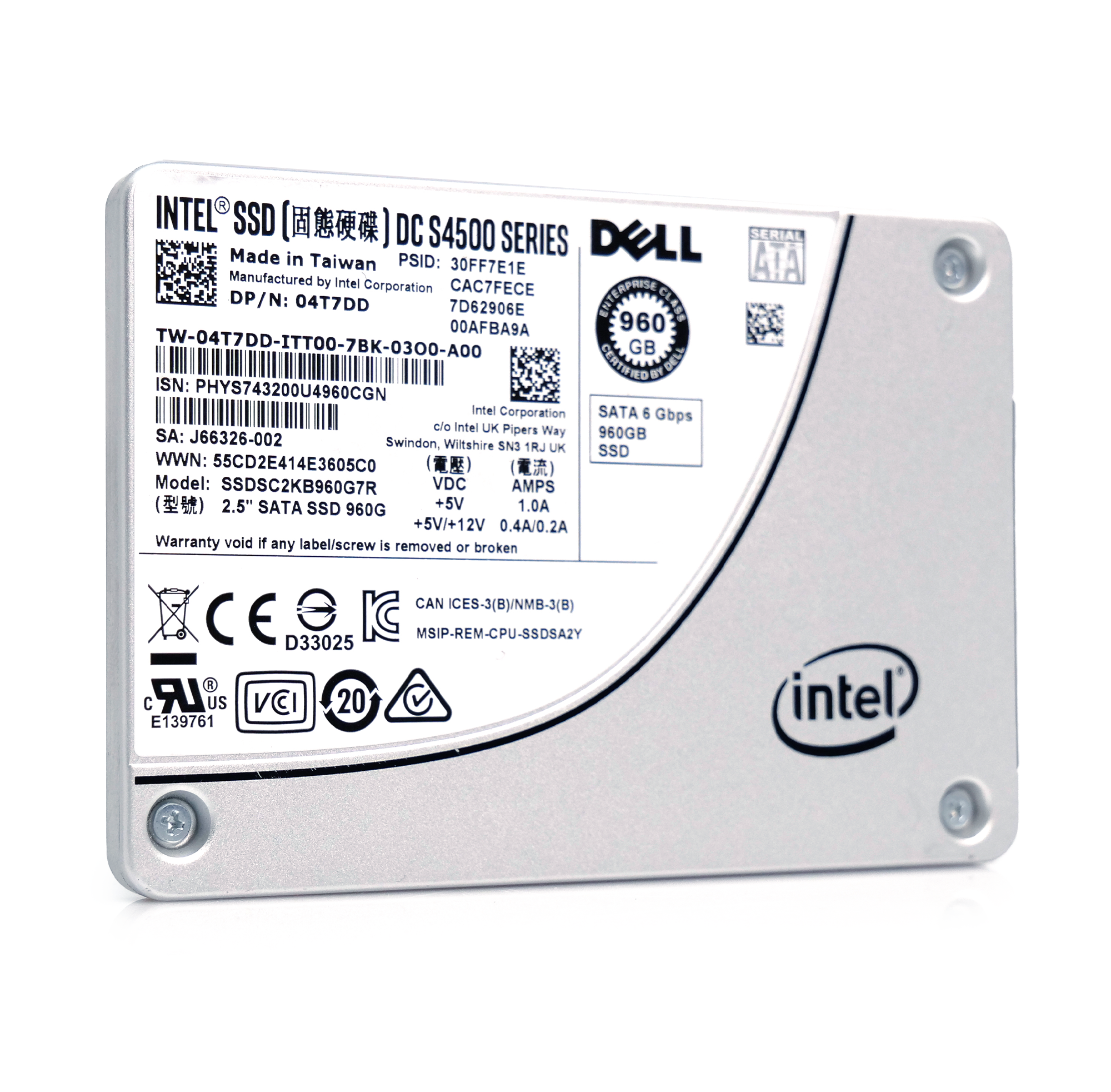 Intel/Dell SSDSC2KB960G7R 04T7DD 960GB 1 DWPD SATA 6Gb/s 3D TLC 2.5in Refurbished SSD