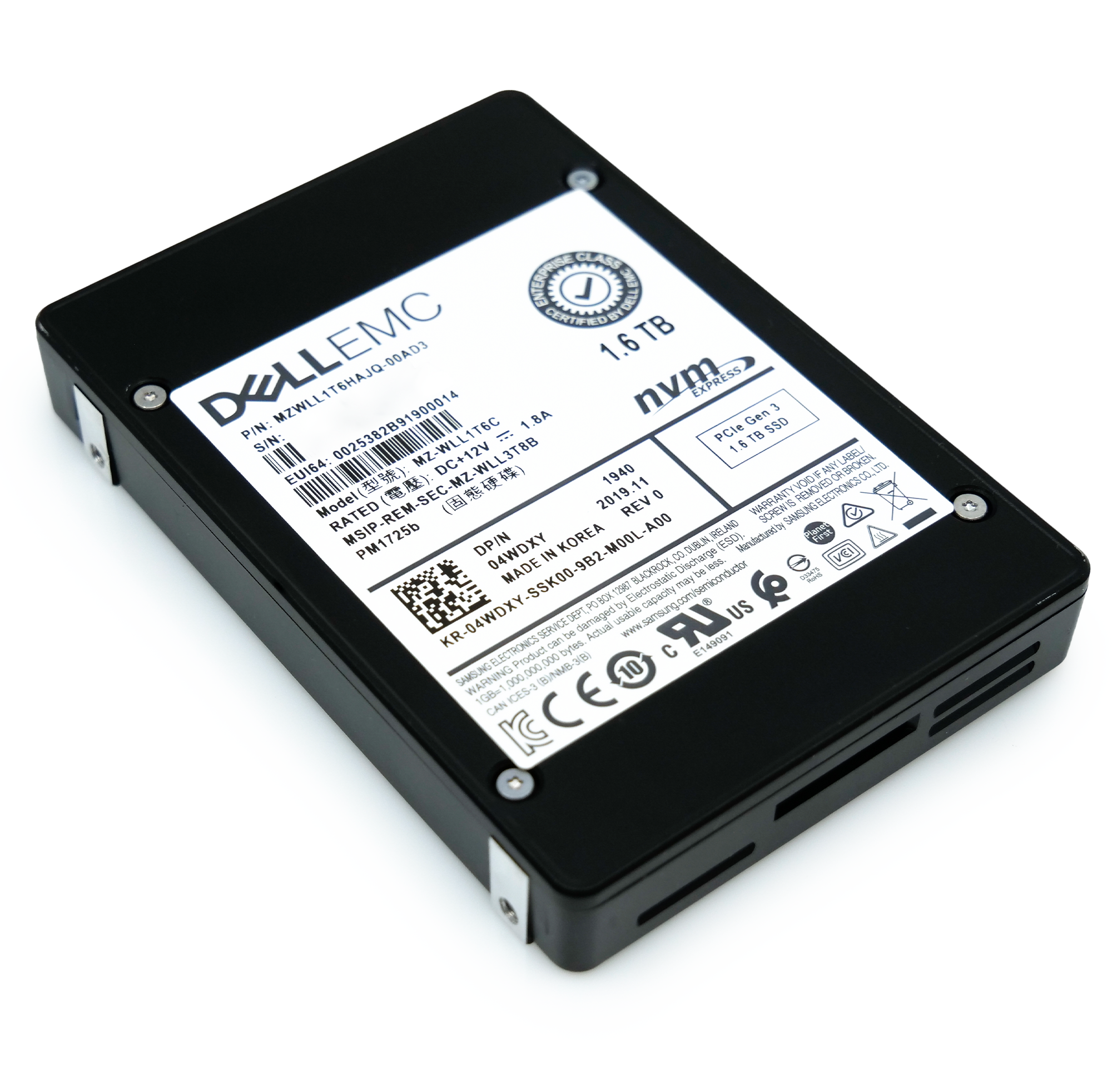 Samsung/Dell PM1725b MZWLL1T6HAJQ 1.6TB 3 DWPD PCIe Gen 3.0 x4 4GB/s Read Intensive 3D TLC 2.5in Refurbished SSD