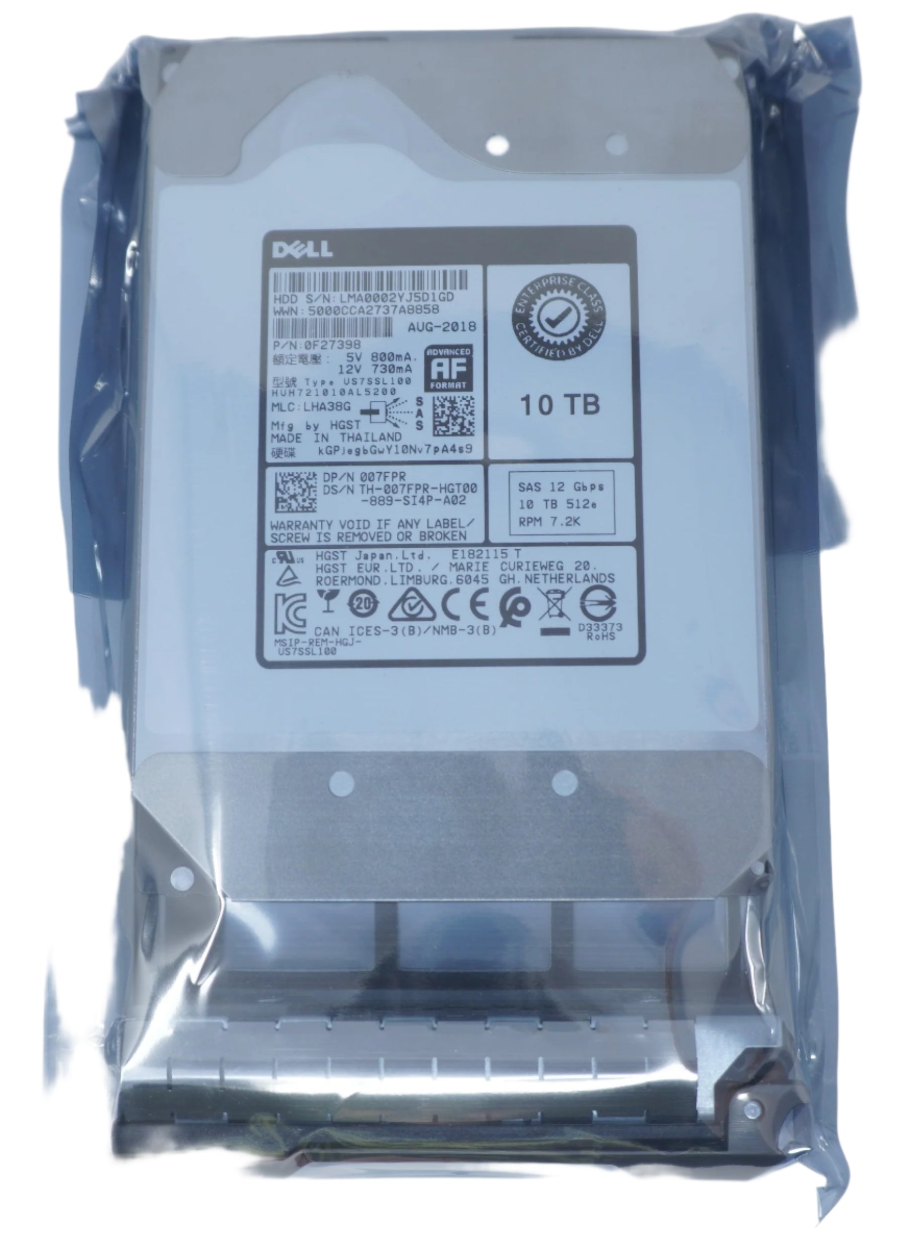 Dell 10TB SAS 7.2k 3.5" 12G 512e Hard Drive 07FPR