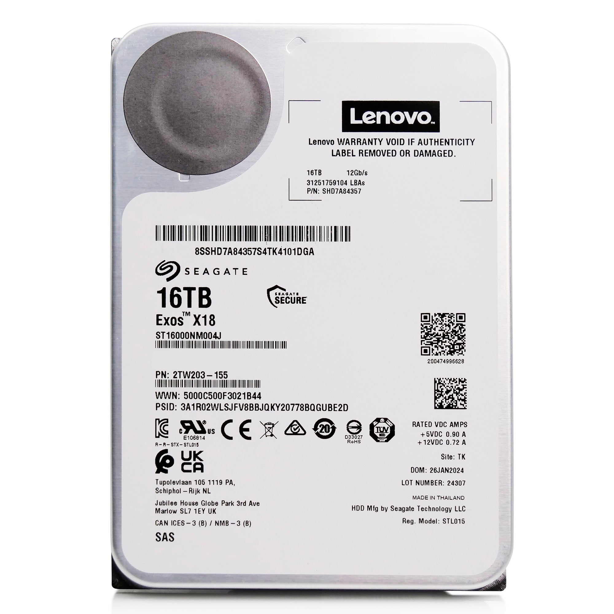Seagate/Lenovo Exos X18 ST16000NM004J SHD7A84367 16TB 7.2K RPM SAS 12Gb/s 512e 3.5in Refurbished HDD