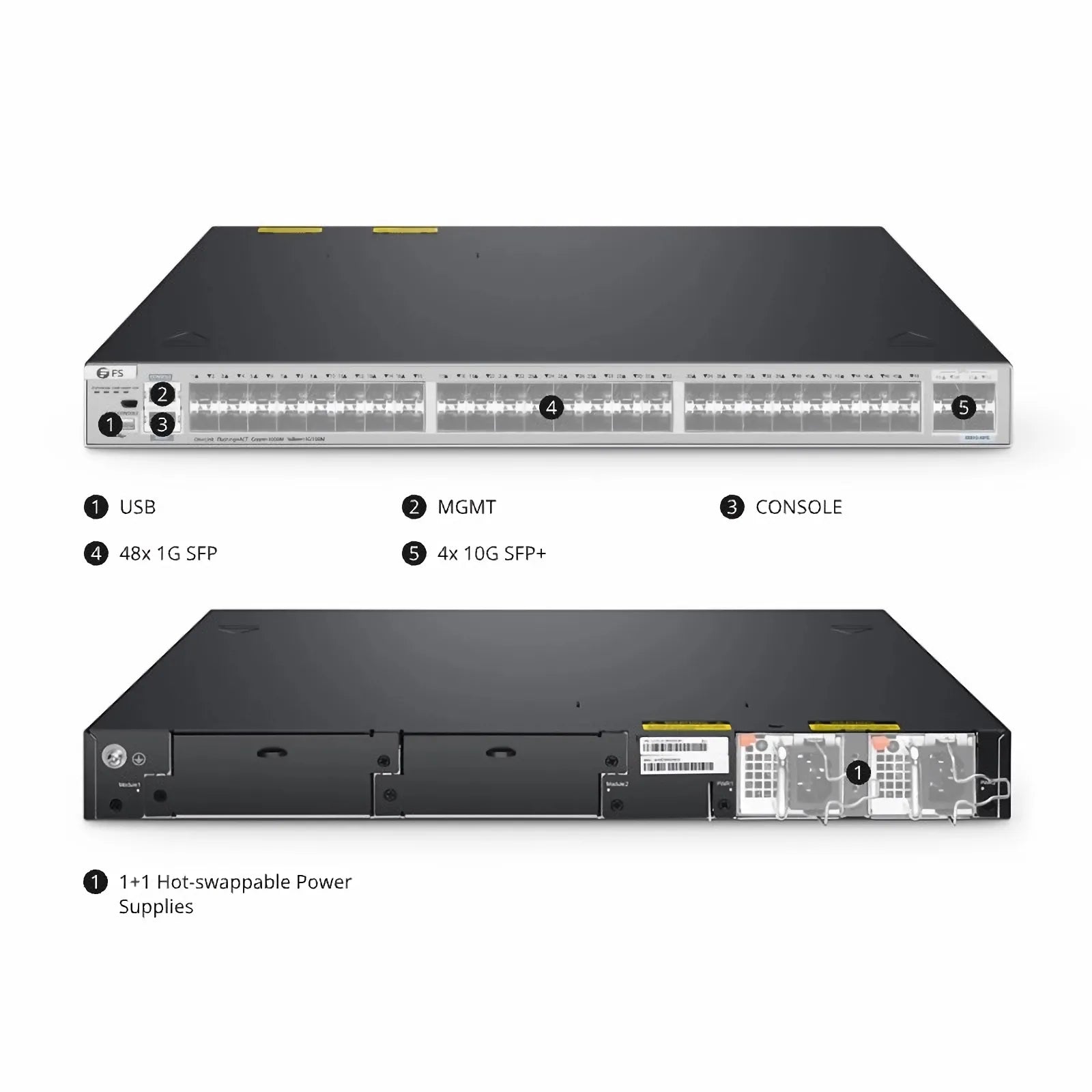 S5810-48FS, 48-Port Gigabit Ethernet L3 Switch, 48 x 1Gb SFP, with 4 x 10Gb SFP+ Uplinks, Stackable Switch, Broadcom Chip