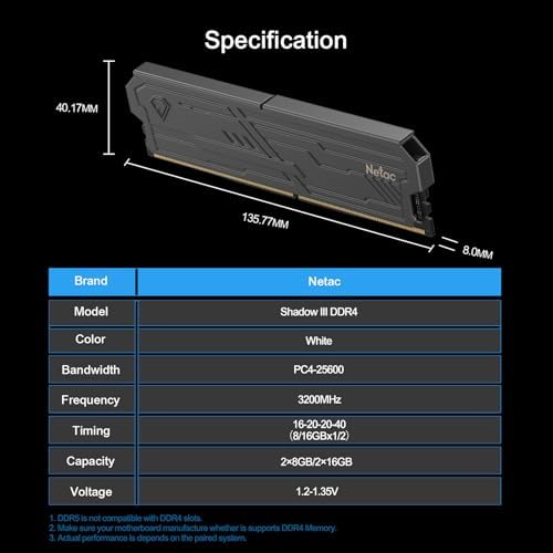 Netac DDR4 DRAM 32GB Kit (2x16GB) 3200MHz XMP 2.0 Dual Channel RAM CL16 (PC4-25600) 1.35V 288-Pin Upgraded Aluminum Heat Sink Ideal for Gaming Computer Upgrade - Shadow III Series Black|B0G1MMT6FQ