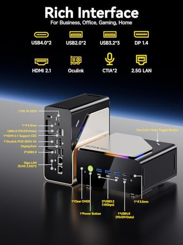 AI Mini PC Ultra 9 285H (Turbo 5.4GHz 96GB DDR5 2TB PCIe 4.0 SSD Mini Gaming Computer 3X M.2 Expansion Slots, Oculink, Quad Screen 8K Display EVO-T1