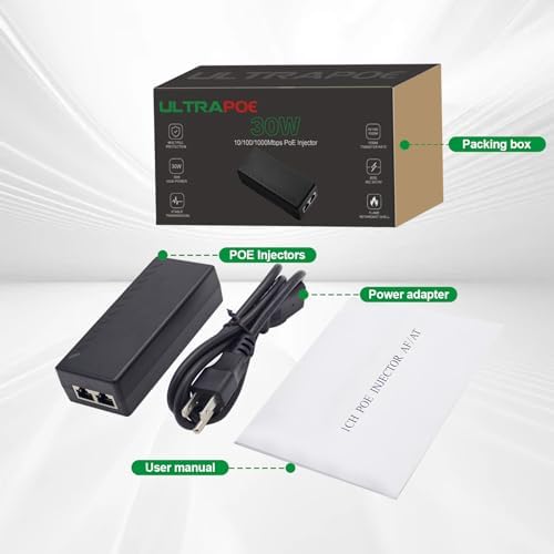 Gigabit PoE+ Injector for Ethernet, 30W 48V with 10/100/1000Mbps & IEEE 802.3af/at Compliance. Extend Network Up to 100M (328 ft) Plug and Play，Black|B0CH2SP1LR