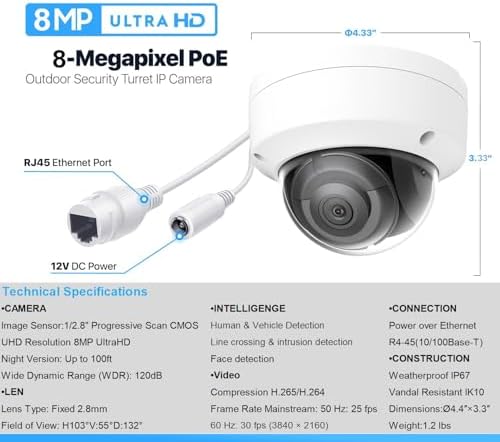DS-2CD2183G2-I 4K 8MP AcuSense Vandal Fixed Dome POE IP Camera Outdoor, 2.8mm Wide Angle, 3-Axis, WDR, IP67, IK10|B0FND643B6