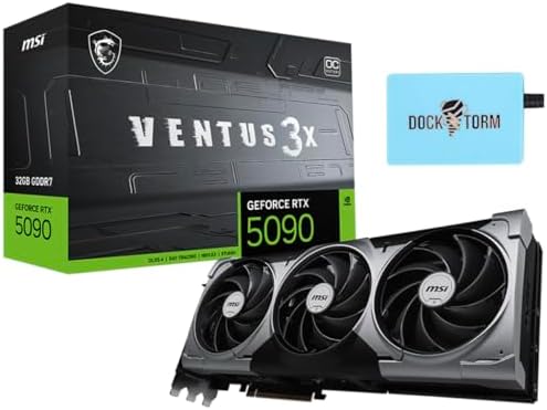 MSI Ventus 3X FeForce RTX 5090 OC Edition 32 GB GDDR7, PCI Express Gen 5, Core Clocks Extreme: 2452 MHz, CUDA CORES 21760 Units, Memory Speed 28 Gbps, Bundle with Dockztorm Hub|B0F3JW76Q6