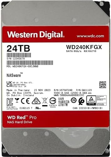 Western Digital 24TB WD Red Pro NAS Internal Hard Drive HDD - 7200 RPM, SATA 6 Gb/s, CMR, 512 MB Cache, 3.5" - WD240KFGX|B0D24TQK3Q