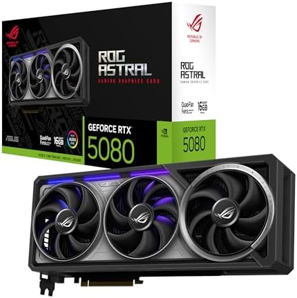 ASUS ROG Astral GeForce RTX™ 5080 OC Edition Gaming Graphics Card (PCIe® 5.0, 16GB GDDR7, HDMI®/DP 2.1, 3.8-Slot, 4-Fan Design, Axial-tech Fans, Patented Vapor Chamber, Phase-Change GPU Thermal pad)|B0DQSD7YQC