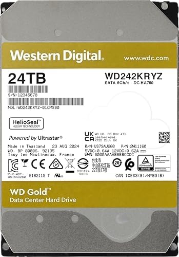 Western Digital 24TB WD Gold Enterprise Class SATA Internal Hard Drive HDD - 7200 RPM, SATA 6 Gb/s, 512 MB Cache, 3.5" - WD242KRYZ|B0DMB8BV8V