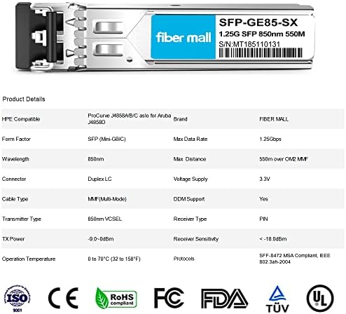 1G SFP SX for HPE ProCurve J4858C J4858B J4858A HPE Aruba J4858D 1000BASE-SX SFP LC Mini-GBIC 850nm 550m Multimode Transceiver Module|B0899JZ2SF