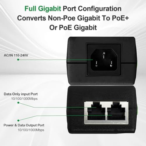 Gigabit PoE+ Injector for Ethernet, 30W 48V with 10/100/1000Mbps & IEEE 802.3af/at Compliance. Extend Network Up to 100M (328 ft) Plug and Play，Black|B0CH2SP1LR