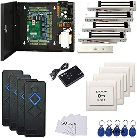 MENGQI-CONTROL TCP/IP 4 Door Entry Access Control Panel Kit Electric Strike Fail Secure NO Mode Lock Enroll RFID USB Reader 110-240V Power Supply Box RFID Reader Phone APP remotely Open Door