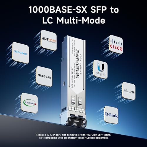 Cable Matters 2-Pack 1000BASE-SX SFP to LC Multimode 1G Fiber Transceiver Module, 1.25G, 800nm, MMP Fiber Up to 500m for Cisco, Ubiquiti, TP-Link, Huawei, MikroTik, Netgear, Supermicro, and More|B07TYSVP3R